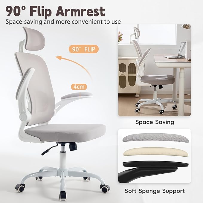 Ergonomic Office Chair with 3D Adjustable Lumbar Support, Mesh High Back, 75° Rotating Headrest, Rocking Function, 300lbs Capacity, Black/White (White)