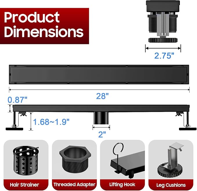 DLONE Linear Shower Drain | 28" AISI 304 Stainless Steel Linear Drain, Matte Black Shower Drain with Tile Insert Panel & Adjustable Feet, Long Rectangle Shower Floor Drain in Bathroom, Balcony, etc
