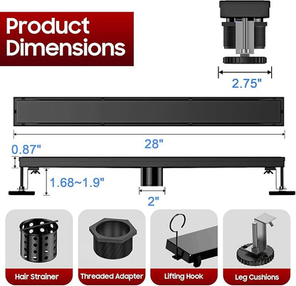 DLONE Linear Shower Drain | 28" AISI 304 Stainless Steel Linear Drain, Matte Black Shower Drain with Tile Insert Panel & Adjustable Feet, Long Rectangle Shower Floor Drain in Bathroom, Balcony, etc
