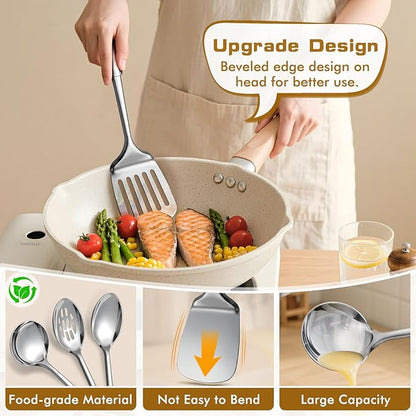 6 Pcs Cooking Utensils Set, Stainless Steel Kitchen Utensils, Heat Resistant Metal Kitchen Tools Include Solid & Slotted Turner Wok Spatula, Serving Spoon, Ladle, Pasta Server, Easy to Clean, Silver