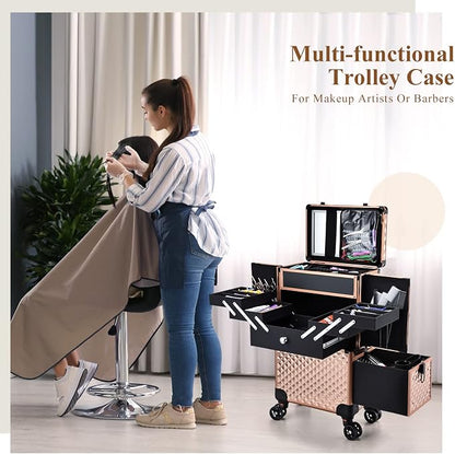 Professional Makeup Artist Rolling Train Case Multi-functional Cosmetic Train Case Large Trolley Storage Case for Nail Technicians Cosmetology Case for Hairstylist Rose Gold