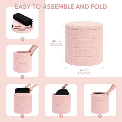 PINPLUS Round Storage Ottoman Foot Rest Stool with Tray Velvet Sherpa Folding Storage Ottoman,Boucle Foot Rest for Living Room, Bedroom, Dorm,Pink Color