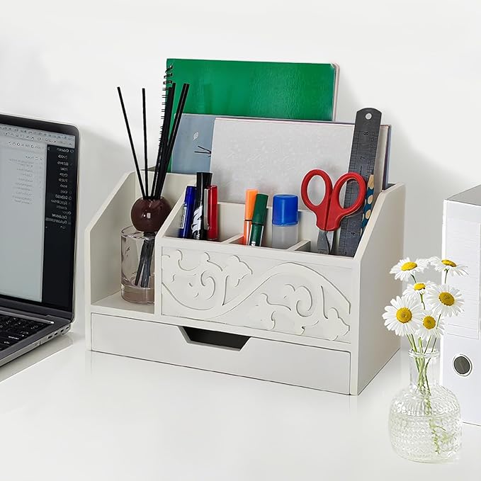 White Wooden Mail Organizer with Drawer, Three Tiered Desk Accessories for Office Organization and Storage, Stylish Countertop Document Storage, Home/Office/Classroom Supplies (White02)