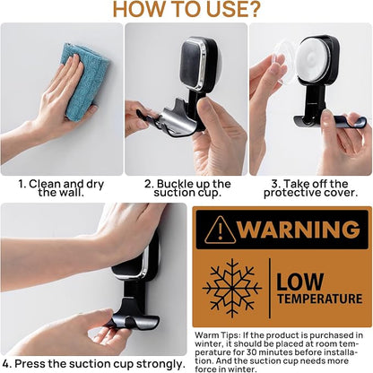 LEVERLOC Vacuum Suction Cup Razor Holder for Shower 2 Pack, Heavy Duty Shower Hooks for Towel, Loofah, Razor, Cell Phone, Damage-Free Hanging Plated Suction Cup Hooks, Easy to Install and Reuse, Black