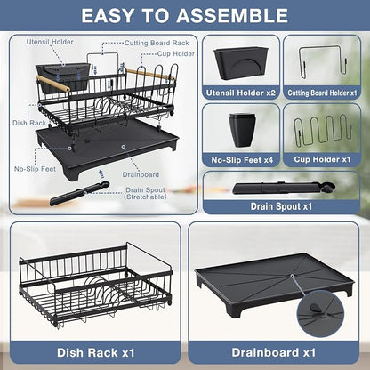 Dish Rack for Kitchen Rustproof Steel Dish Drying Rack for Kitchen Counter Anti-Rust Dish Strainer with Drainboard, Cup Holder, Utensil & Cutting Board Organizer, Heavy Duty Metal | Holds 12 Dishes, Drainboard Set, Cutlery Holder, Rust Resistant, Space...