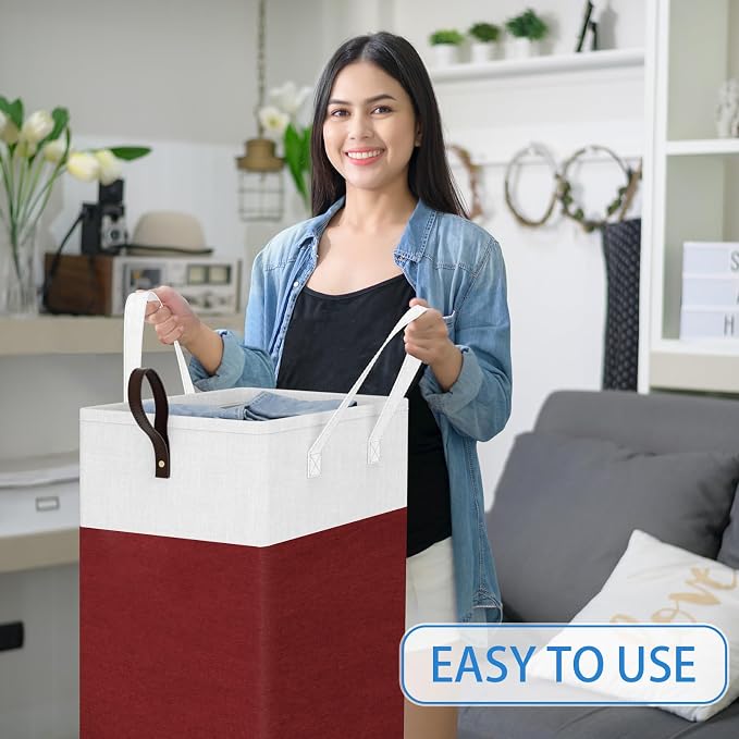 HomeHacks 90L Large - Capacity Rolling Laundry Basket, Laundry Hamper with 4 Smooth Wheels, Collapsible Waterproof Clothes Basket, Freestanding Hamper with Handles for Bedroom/Dorm/Laundry Room (Red)