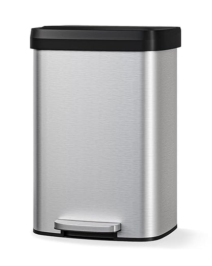 Garvee 13 gal / 50 L Stainless Steel Trash Can with Lid, Large Garbage Can for Kitchen, Rustproof Step-on Kitchen Metal Trash Bin with Liner Rim, Rear Handle, Soft Close Plastic Lid, Silver