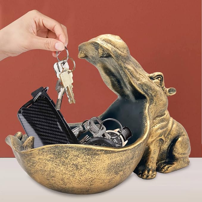 aboxoo Hippo Statue Home Resin Hippopotamus Figurine Sculpture Table Art Decoration Sundries Key Container Storage Box (Gold)