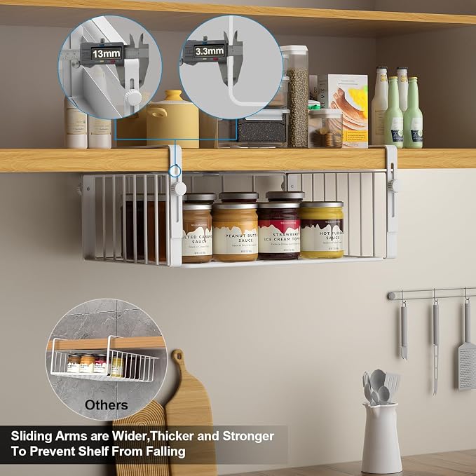 AmonHouseware 2 Pack Hanging Under Shelf Storage Basket,Adjustable Under Cabinet Add-on Storage Racks Slide-in Baskets Organizer for Laundry Room Kitchen Pantry Desk Bookshelf, White