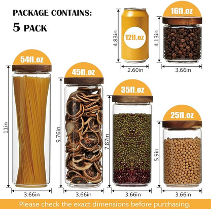 Flrolove Glass Canisters With Wooden Lids Kitchen Jars for Storage,Tea,Sugar and Coffee Container Set,Set of 5 Canisters for Candy, Cookie, Rice and Spice Jars