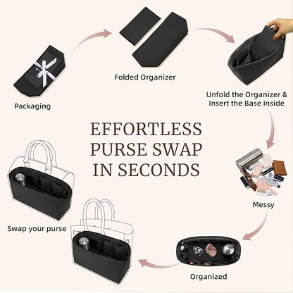 Purse Organizer Insert, Satin Tote Bag Organizer with 8 Sizes, Handbag Dividers for Inside Purse, Compatible with Longchamp, Neverful, 25C Hobo and More Bags（Slender Large,Black）