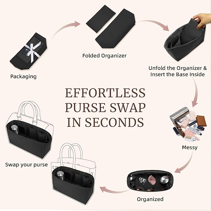 Purse Organizer Insert, Satin Tote Bag Organizer with 8 Sizes, Handbag Dividers for Inside Purse, Compatible with Longchamp, Neverful, 25C Hobo and More Bags（Slender X-Large,Black）
