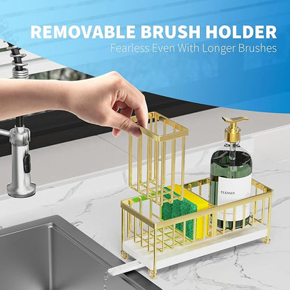 Cisily Sponge Holder for Kitchen Sink, Sink Caddy Organizer with High Brush Holder, Kitchen Countertop Organizers and Storage Essentials, Rustproof 304 Stainless Steel (Gold, 9.25″)