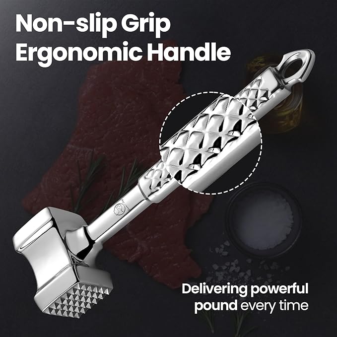 Stainless Steel Meat Tenderizer Tool, Premium Meat Mallet with Non-Slip Grip, Dual-sided Kitchen Mallet Ideal for Tenderizing Steak, Poultry & Chicken Cutlet, Dishwasher Safe with Lifetime Replacement