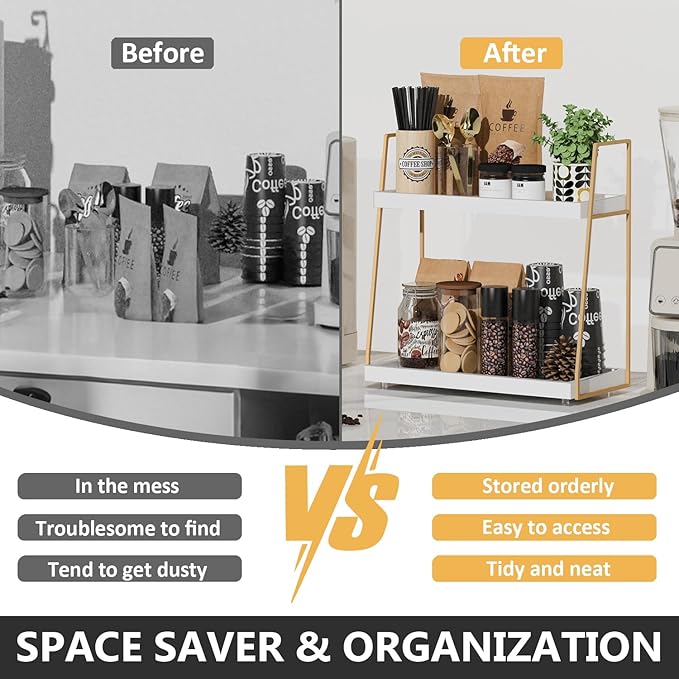 Coffee Bar Organizer for Countertop, Multifunctional Coffee Station Organizer for Accessories Storage, 2 Tier Wooden Shelf for Coffeebar, Countertop, Corner