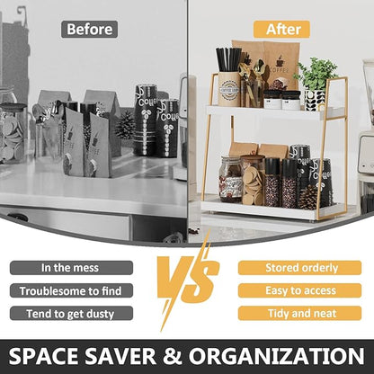 Coffee Bar Organizer for Countertop, Multifunctional Coffee Station Organizer for Accessories Storage, 2 Tier Wooden Shelf for Coffeebar, Countertop, Corner