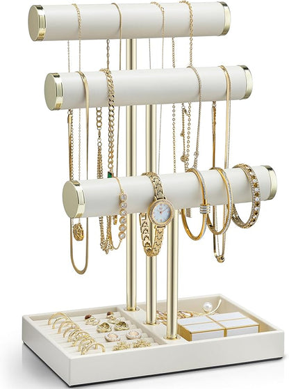 VLANDO 3 Tier Bracelet Holder Organizer with Tray - Leather Jewelry Stand Organizer for Women - Jewelry Holder Display for Necklace, Watches, Rings, Earrings, Bangle, Scrunchie - Cloud White