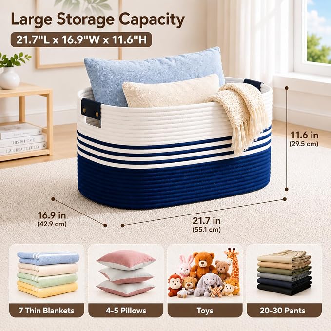 AINUOQI Laundry Basket with Handles - Blanket Basket & Hampers for Bedroom Aesthetic, Laundry Hamper & Blanket Storage for Living Room, Clothes Hamper, Tall, Large 21.7" x 16.9" x 11.8”, Blue