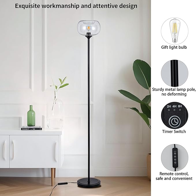 MAYNA Living Room Floor Lamp, Modern Vertical Lamp with Clear Bubble Shade, 67" Tall, Suitable for Bedroom, Study, Office (Includes 2700K Bulb) (Black and Clear)