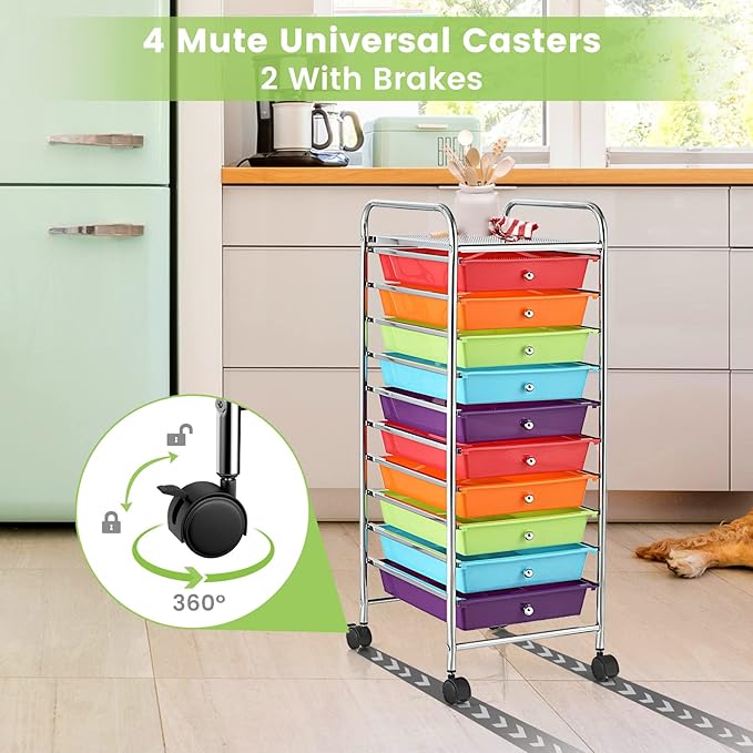 RELAX4LIFE 10 Drawer Rolling Cart, Slim Storage Cart w/Lockable Wheels for Classroom School Teacher Office, Art Supplies Paper Scrapbook Craft Organizers, Utility Cart with Drawers (Multicolor)