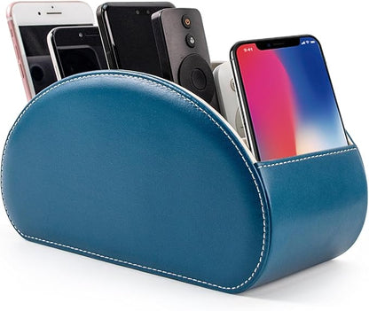 Remote Control Holders Organizer Box with 5 Compartment PU Leather Multi-functional Office Desk Storage Caddy Store Tv Remote for Media Player,Brush,Pencil,Glassees&Office Supplies (peacock blue)