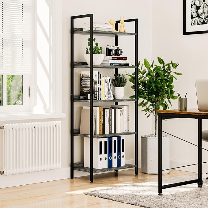 NUMENN Bookshelf, 5 Tier Bookshelves, Home Office Bookcase Shelf Storage Organizer, Free Standing Storage Shelving Unit for Bedroom, Living Room and Home Office, Dark Grey