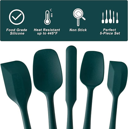 Silicone Spatula Set, 5 Piece Food Grade Rubber Spatulas for Baking, Cooking, and Mixing High Heat Resistant Non Stick Dishwasher Safe BPA-Free (Dark Green)