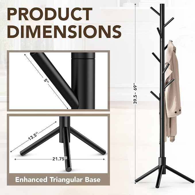 Hupmad Wooden Tree Coat Rack Stand,Sturdy Freestanding Coat Rack with 8 Hooks,3 Adjustable Height for Child Adult,Wood Coat Stand Tree Fits Entryway Bedroom Office for Bags,Hats