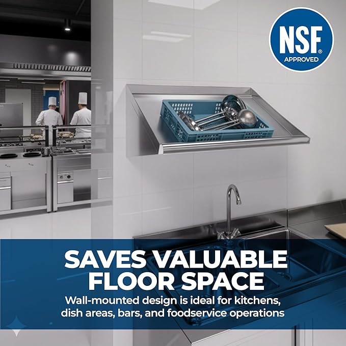304 Stainless Steel Slanted Wall Rack Shelf with Drain Outlet – 63" x 22.5" | Wall-Mounted Commercial Drip Shelf for Kitchen, Dish Pit, or Back Bar (63 in. x 22 1/2 in)