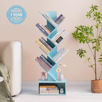 Yoobure Tree Bookshelf - 6 Shelf Retro Floor Standing Bookcase, Tall Wood Book Storage Rack for CDs/Movies, Utility Book Organizer Shelves for Bedroom, Living Room, Home Office Blue