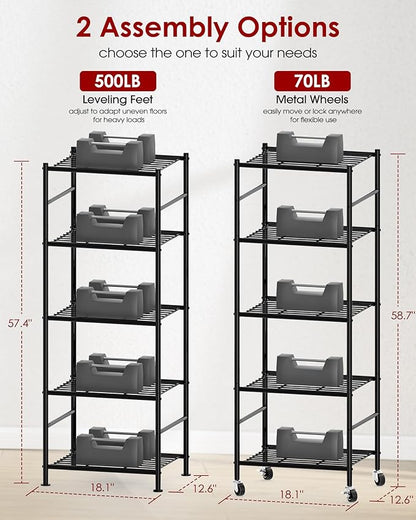 Sakugi Storage Shelves Organizer - 5 Tier Metal Shelf Organizer with Metal Wheels and Adjustable Leveling Feet, Heavy Duty Garage Shelving for Kitchen, Pantry and Closet, 18.1"x12.6"x58.7", Black
