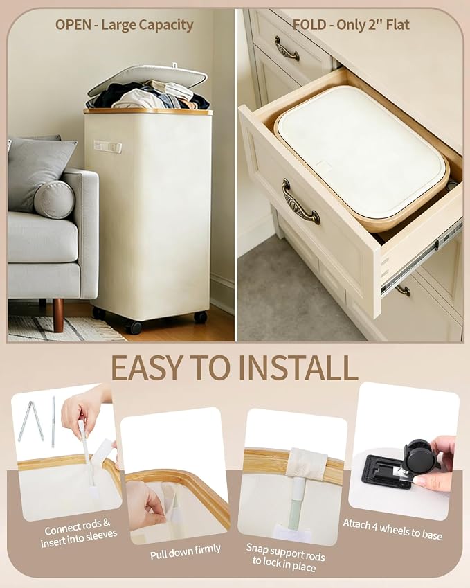 Laundry Hamper with Wheels, 110L Large Clothes Hamper with Removable Inner Bag, Collapsible Dirty Clothes Basket for Dorm, Rolling Dirty Clothes Basket for, Bedroom, Bathroom, Laundry Room