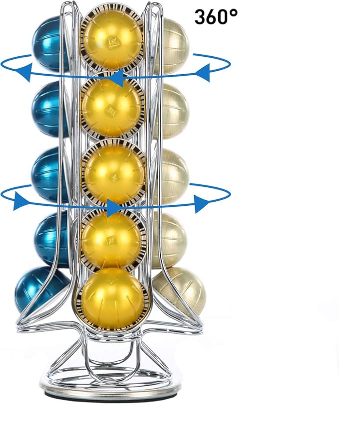 FlagShip Coffee Pod Holder 360-Degree Rotatable Nespresso Vertuoline VertuoPlus Capsules Coffee Pods Capsules Stand Storage Rack Single Serve, Silver Metal(20 Pods)