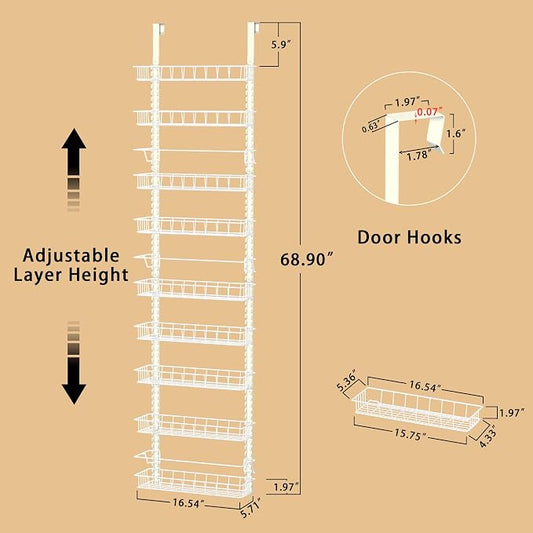 Churboro Over the Door Pantry Organizer Rack with 9 Adjustable Baskets, 9 Tiers Dual-use Hanging or Wall Mount Spice Rack Organizer, White