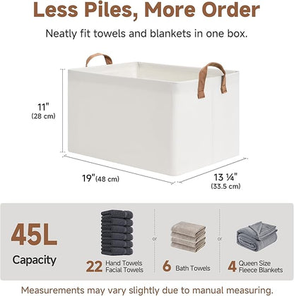 StorageWorks 45L Extra Large Fabric Storage Bins with PU Handles, Storage Baskets for Organizing, Large Laundry Basket, 2-Pack, Beige, 19" L X 13.25" W X 11" H