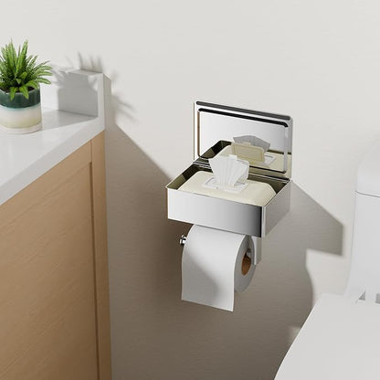 FORIOUS Toilet Paper Holder with Shelf, Sanitary Napkin Receptacle Tampon Holder, Wall Mount Toilet Paper Holder with Storage, Flushable Wipes Dispenser Fits for Bathroom Commercial(1, Chrome)