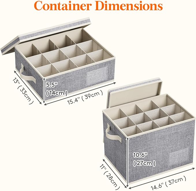 Lifewit 2 Pcs of Mug and Wine Glass Storage Box with Dividers, Stackable Cationic Hard Shell Stemware Organizer with 24 Cells, Foldable Dustproof China Containers for Moving, Light Grey