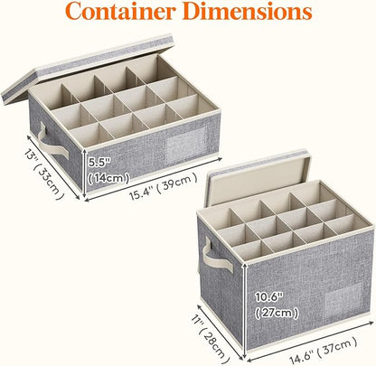 Lifewit 2 Pcs of Mug and Wine Glass Storage Box with Dividers, Stackable Cationic Hard Shell Stemware Organizer with 24 Cells, Foldable Dustproof China Containers for Moving, Light Grey