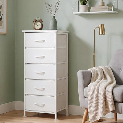 Fixwal White Tall Skinny Dresser for Bedroom, Narrow Storage Dresser Organizer with 5 Fabric Drawers, Nightstand Furniture in Closet, Entryway, Hallway