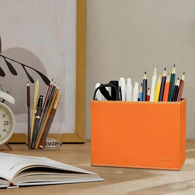 Pen Pencil Holder Cup Container PU Leather Desk Organizer Stand Decor Brush Scissor Decoration Office Home School