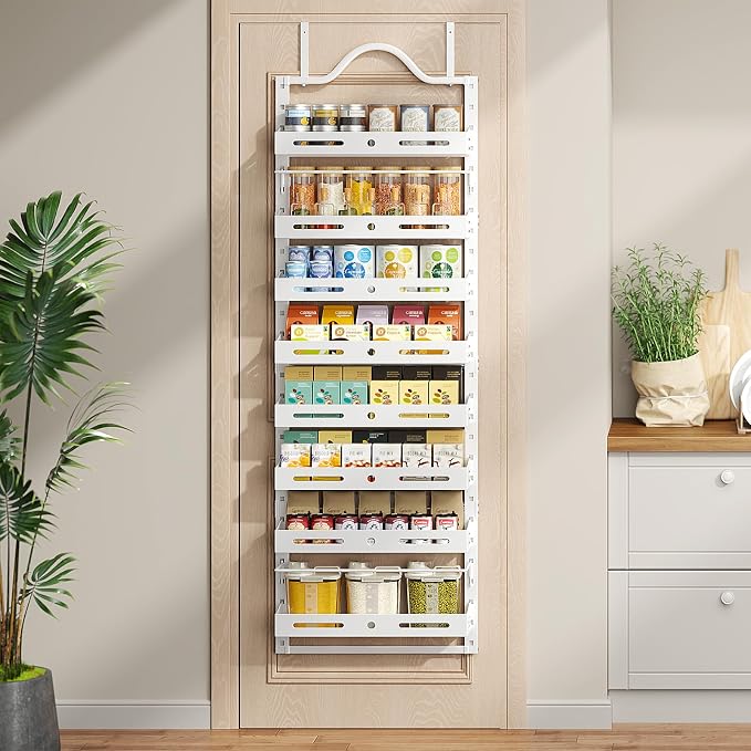8-Tier Pantry Door Organizer, Large 2 IN 1 Wall Mount or Over The Door Pantry Organizer, Pantry Door Spice Rack with Adjustable Baskets, Over Door Organizer for Kitchen,（72.6×17.1×5.1in, White)