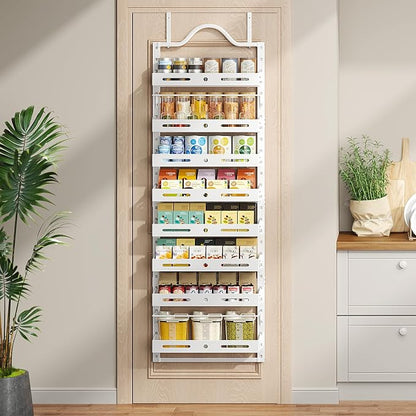 8-Tier Pantry Door Organizer, Large 2 IN 1 Wall Mount or Over The Door Pantry Organizer, Pantry Door Spice Rack with Adjustable Baskets, Over Door Organizer for Kitchen,（72.6×17.1×5.1in, White)