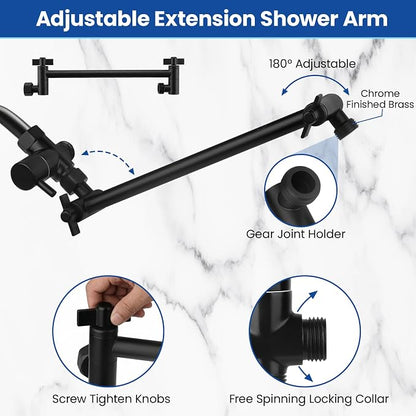 Shower Head 10‘’ High Pressure Rainfall Shower Head/Handheld Shower Combo with 11'' Extension Arm, 9 Settings Anti-leak Head with Holder, Height/Angle Adjustable, Chrome, Matte Black
