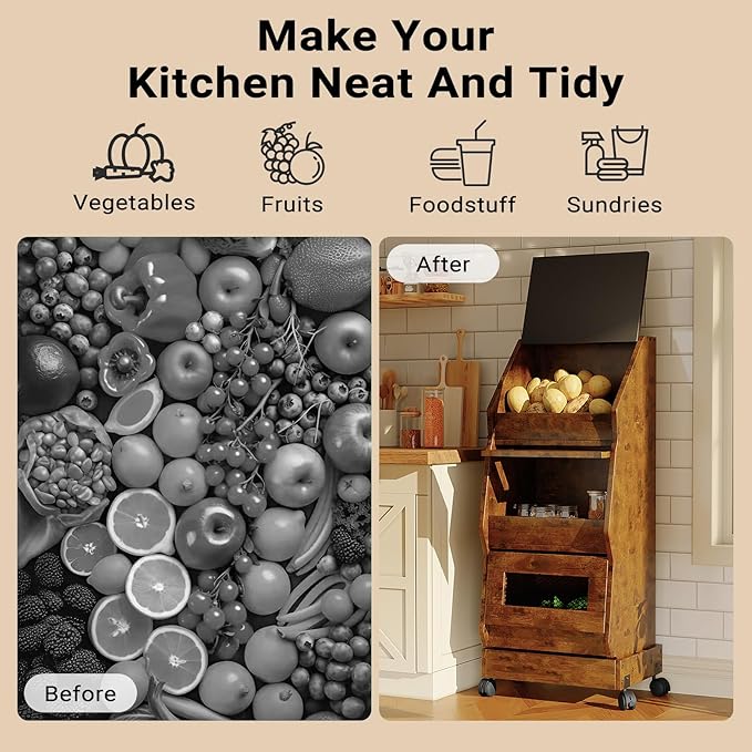 Potato and Onion Bin with Lid Movable Bread Box, Potato and Onion Storage with Wheels Black Movable, Vegetable Cabinet with 3 Tier Storage, Grocery Section Bread