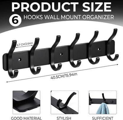Dntorx Coat Rack Wall Mount, 1 Pack Coat Hooks Hanger Wall Double Hook Rack Rail Towel Hat Rack Entryway Bathroom Hanger Organizer for Robes, Clothes, Bags, Hat(Black)