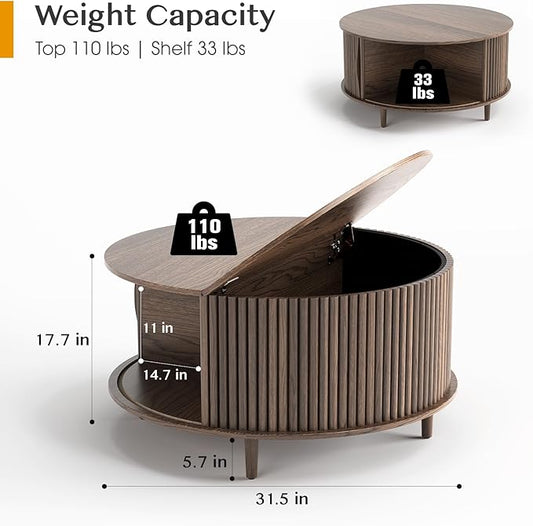 JOINICE,Round Coffee Table with Storage, 31.5" Fluted Center Table for Living Room, Modern Walnut Wood Circle Drum Table with Sliding Cabinet Door, Mid Century Furniture for Small Space
