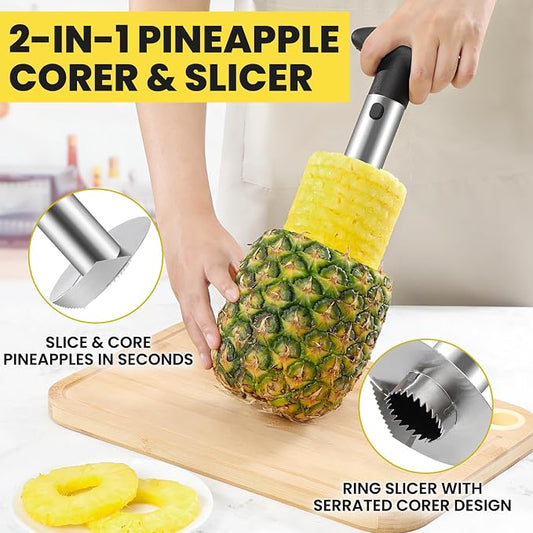 AUBENR Premium Pineapple Corer and Slicer Tool - Sharp Pineapple Cutter with Serrated Tips - Easy to Use and Clean - Stainless Steel Core Remover for Pineapple - Core Fruits with Ease(Black)