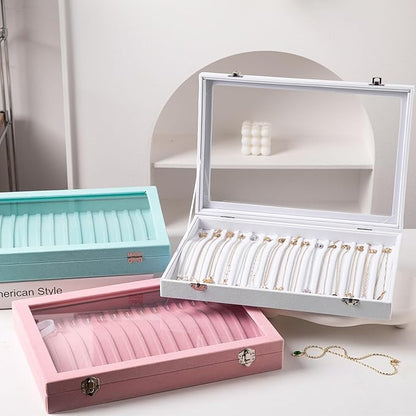 Frebeauty 15 Hooks Necklace Tray Velvet Neckalce Organizer with Clear Lid Lockable Necklace Holder Box Jewelry Organizer for Pendants Chains Necklace Jeweley Tray for Women Girls(Pink)