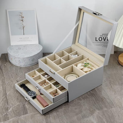 BOOVO Clear Lid Jewelry Box,3 Layers Jewelry Organizer Large Multi-Functional Jewelry Storage Box with 2 Drawers,Jewelry Display Case of Rings Earrings Necklace Bracelets for Women Girls (Grey)