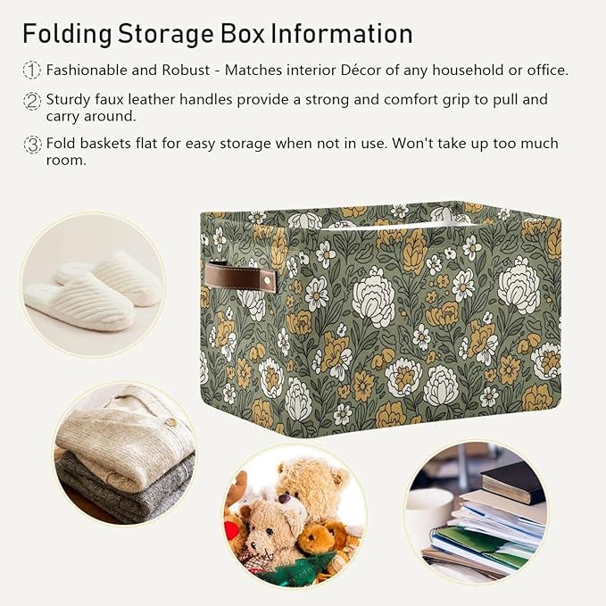 Beautiful Flowers Storage Baskets with Handles Fabric Foldable Baskets for Home Organizer Closet Bedroom Bathroom Office (1-Pack)